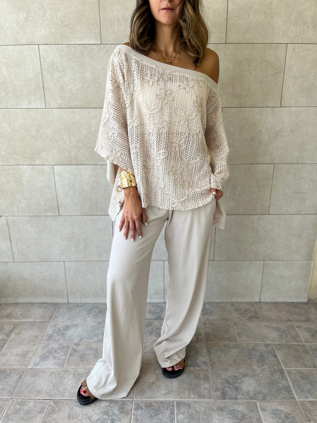 Beige Whisper Lace Asymmetrical Poncho