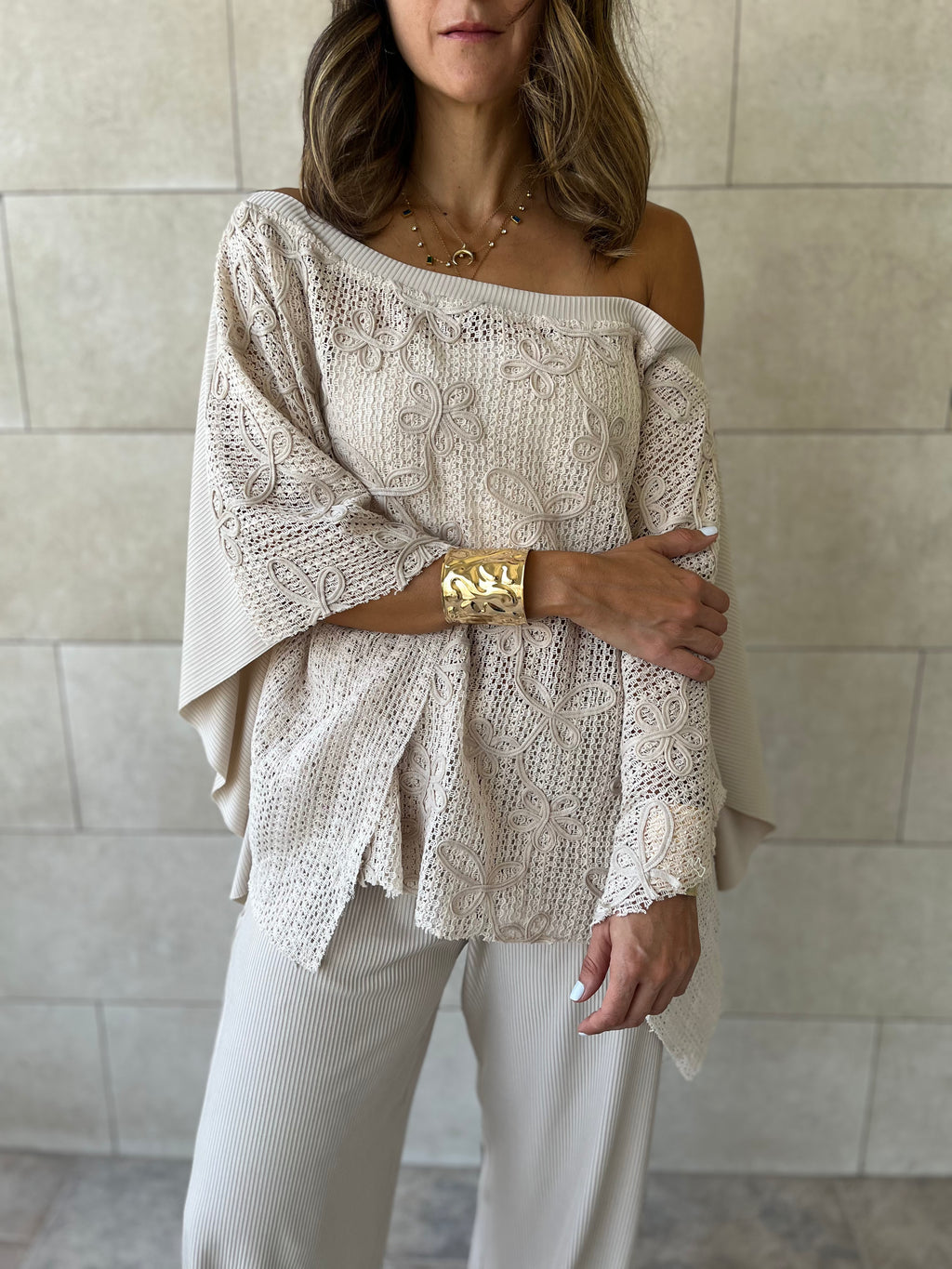 Beige Whisper Lace Asymmetrical Poncho
