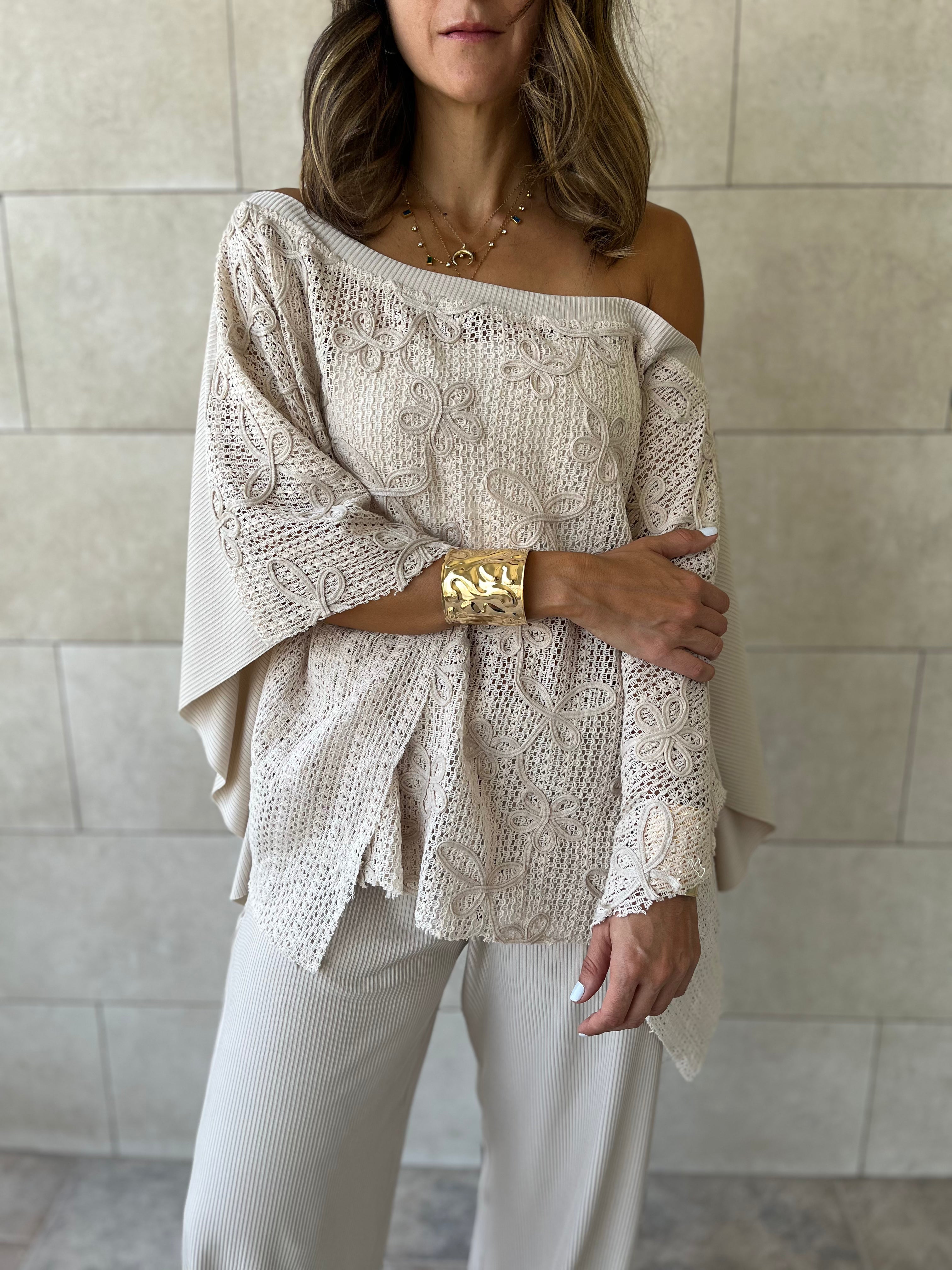 Beige Whisper Lace Asymmetrical Poncho