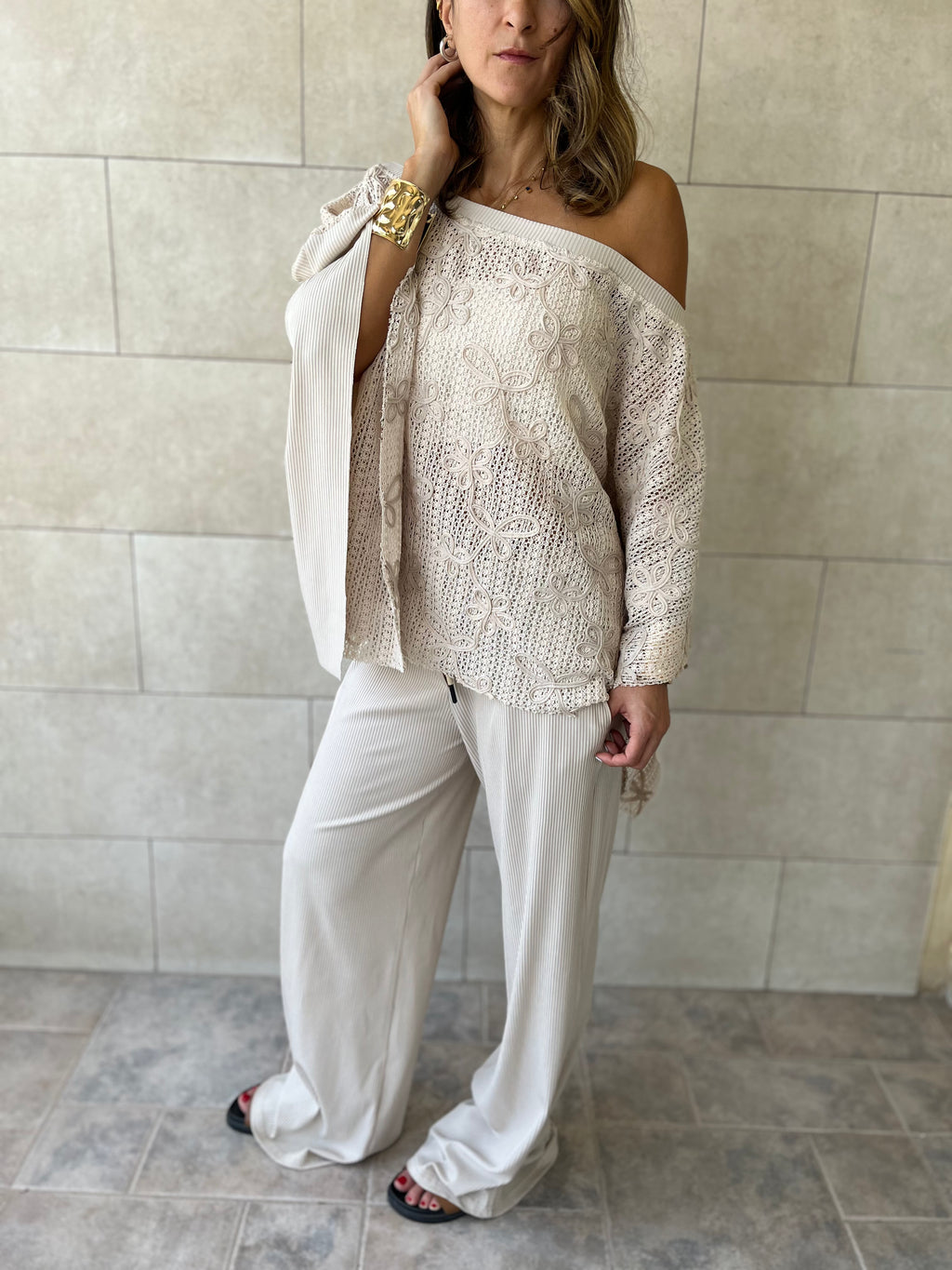 Beige Whisper Lace Asymmetrical Poncho