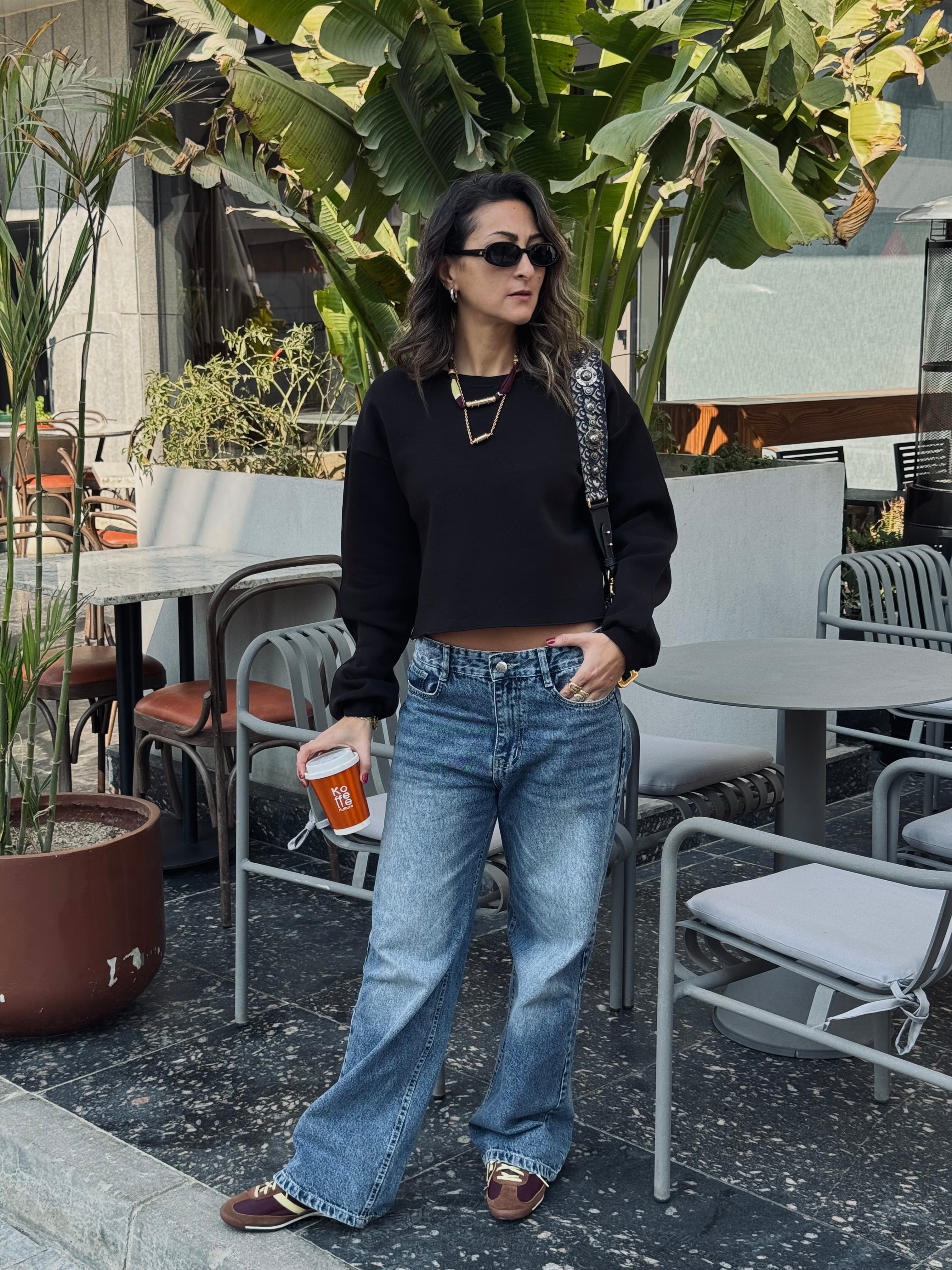 Black Fleece Lined Cropped Sweatshirt