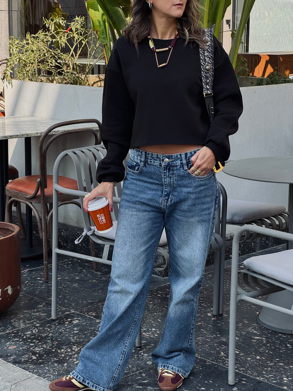 Black Fleece Lined Cropped Sweatshirt