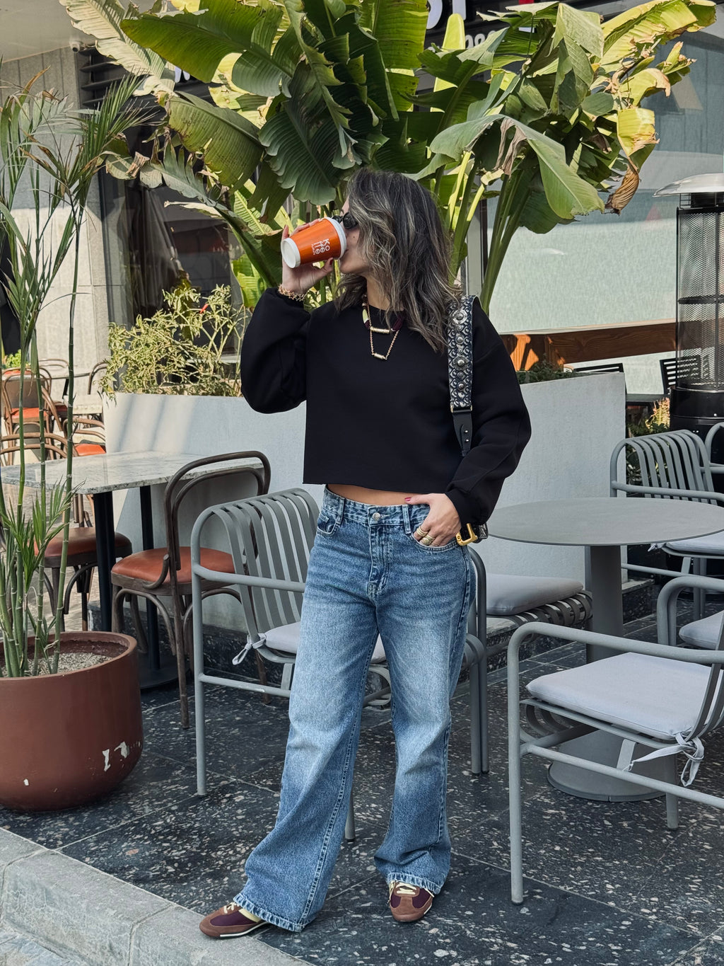 Black Fleece Lined Cropped Sweatshirt