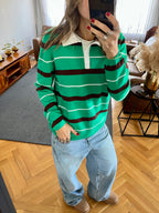Green Striped Long Sleeve Knit Polo