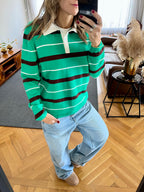 Green Striped Long Sleeve Knit Polo