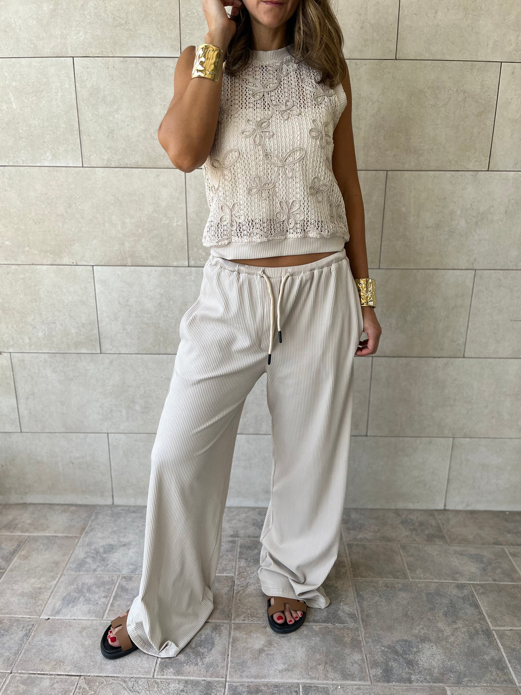 Beige Flowy Rope Pants