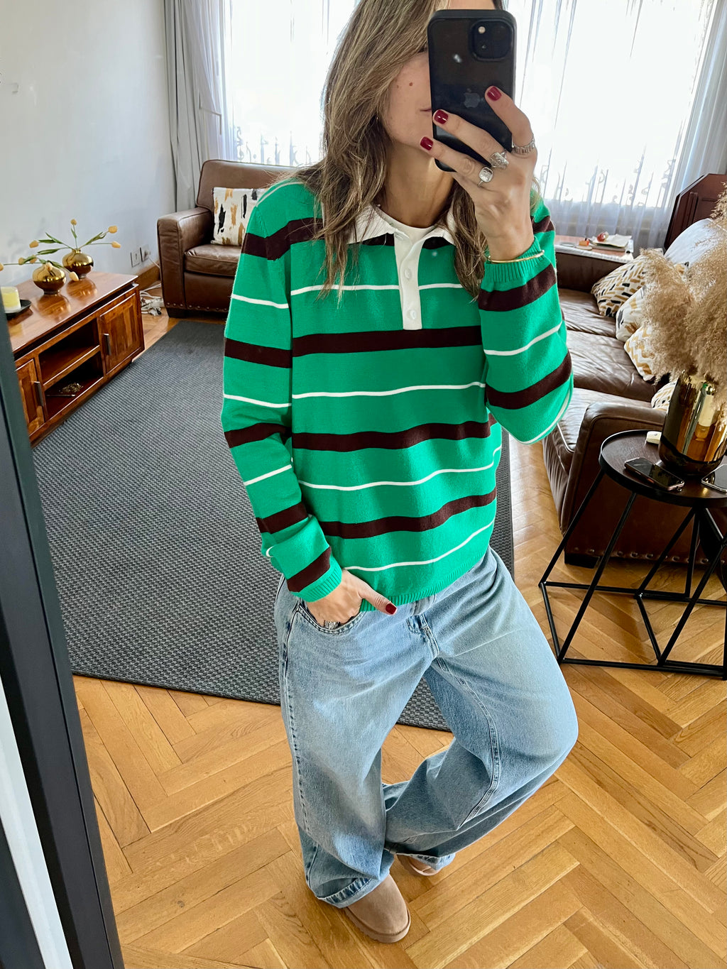 Green Striped Long Sleeve Polo