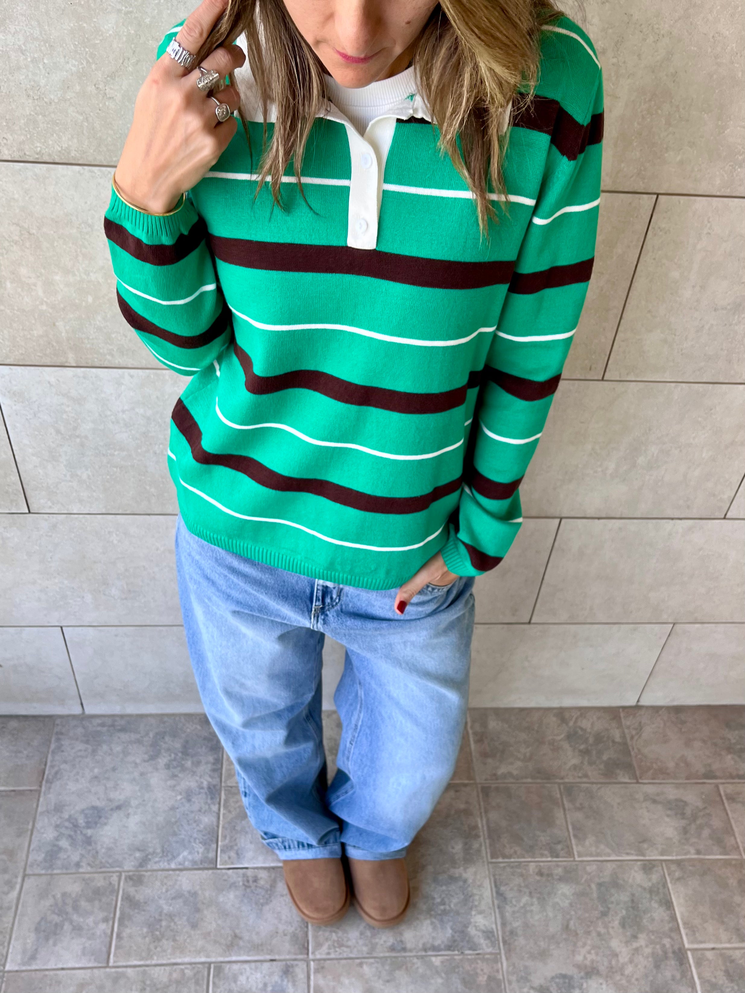 Green Striped Long Sleeve Polo