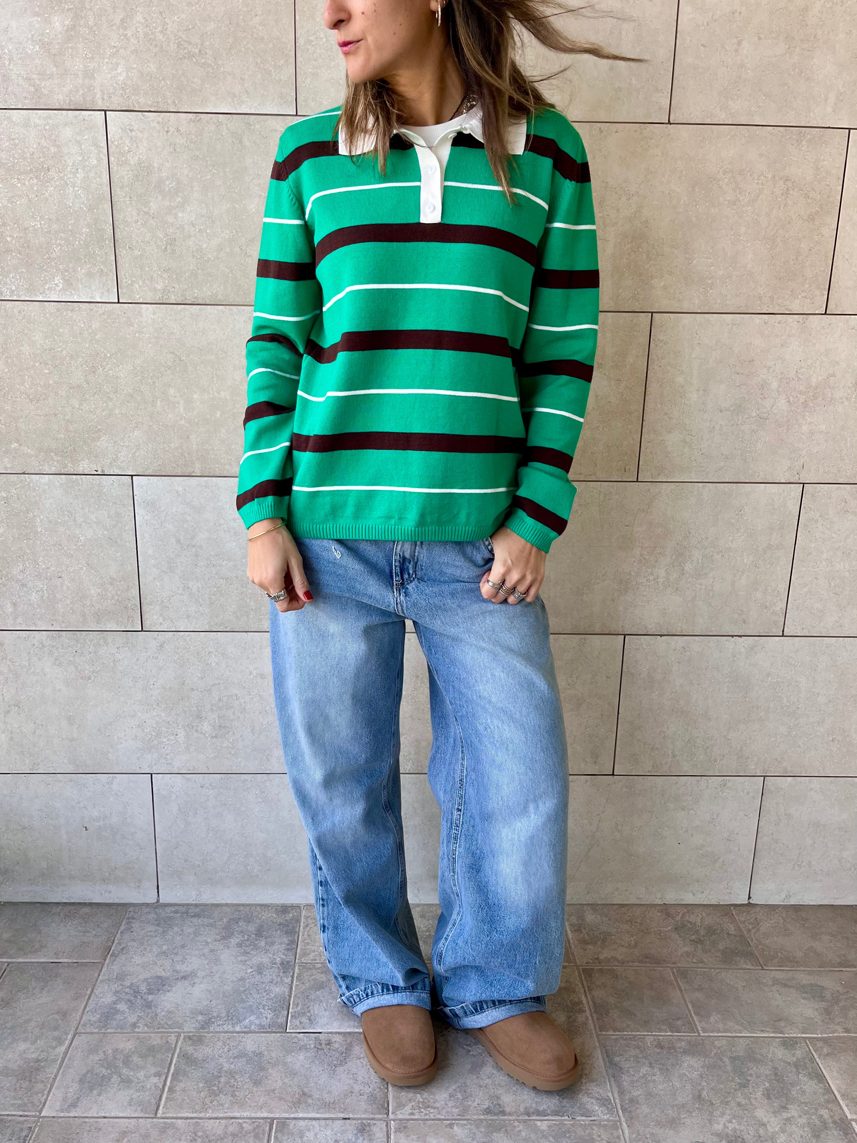 Green Striped Long Sleeve Polo