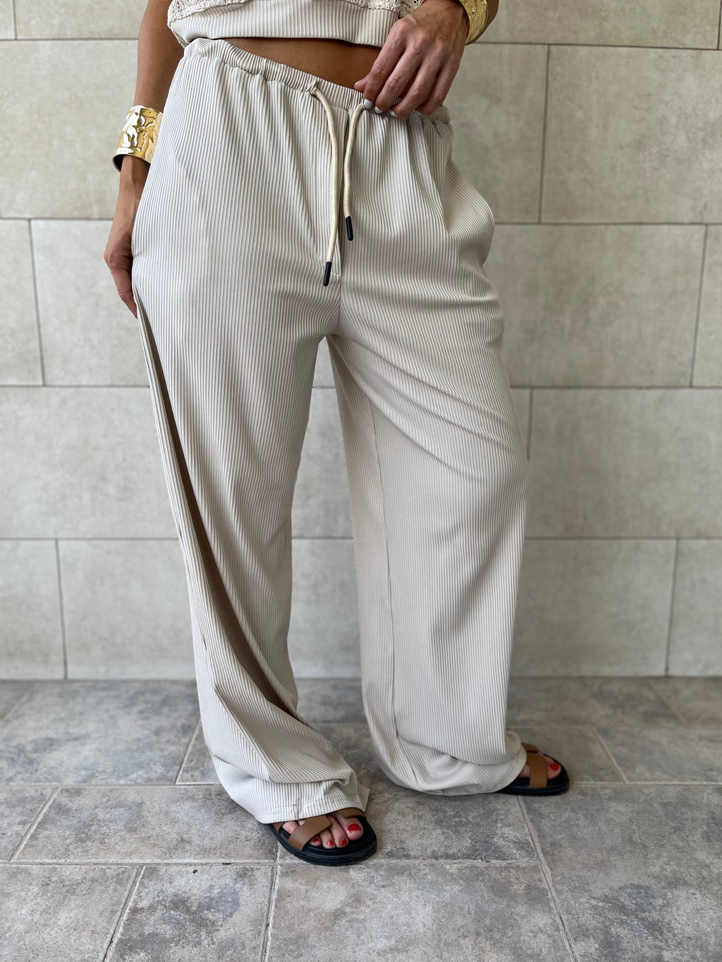 Beige Flowy Rope Pants