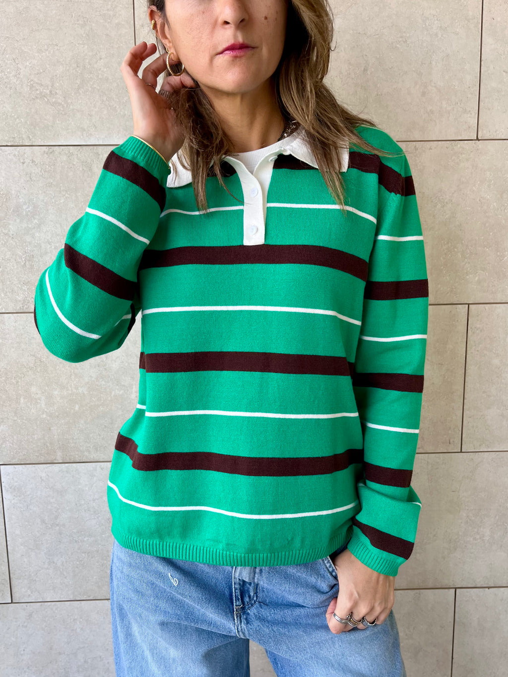 Green Striped Long Sleeve Polo