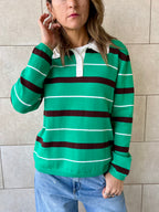 Green Striped Long Sleeve Knit Polo