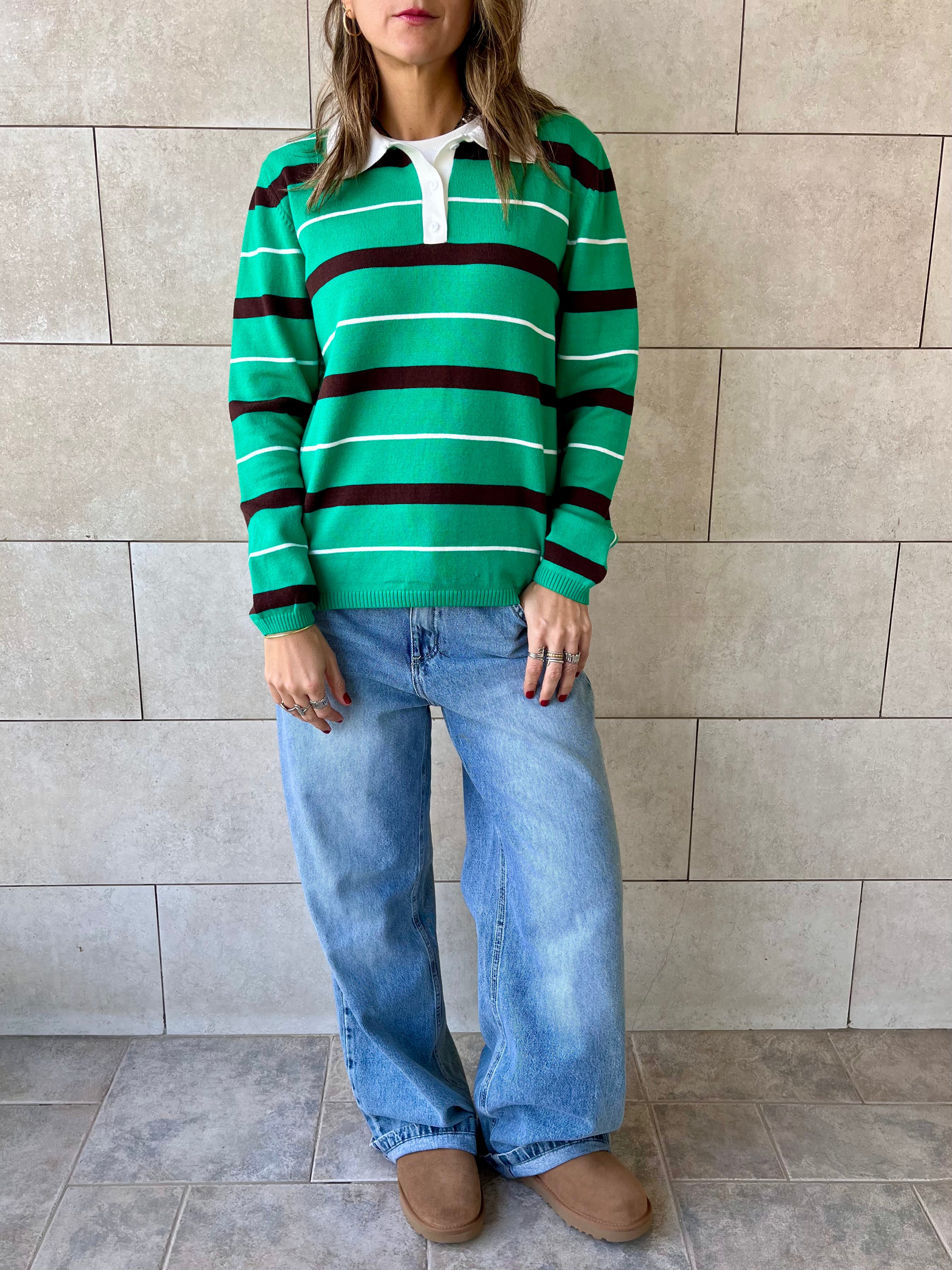 Green Striped Long Sleeve Polo