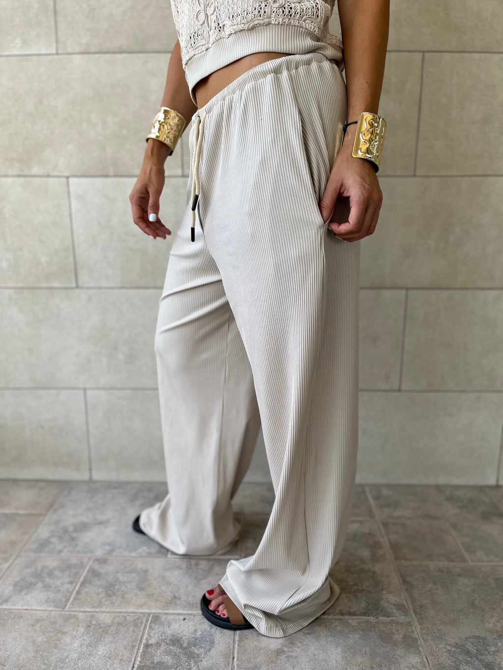 Beige Flowy Rope Pants
