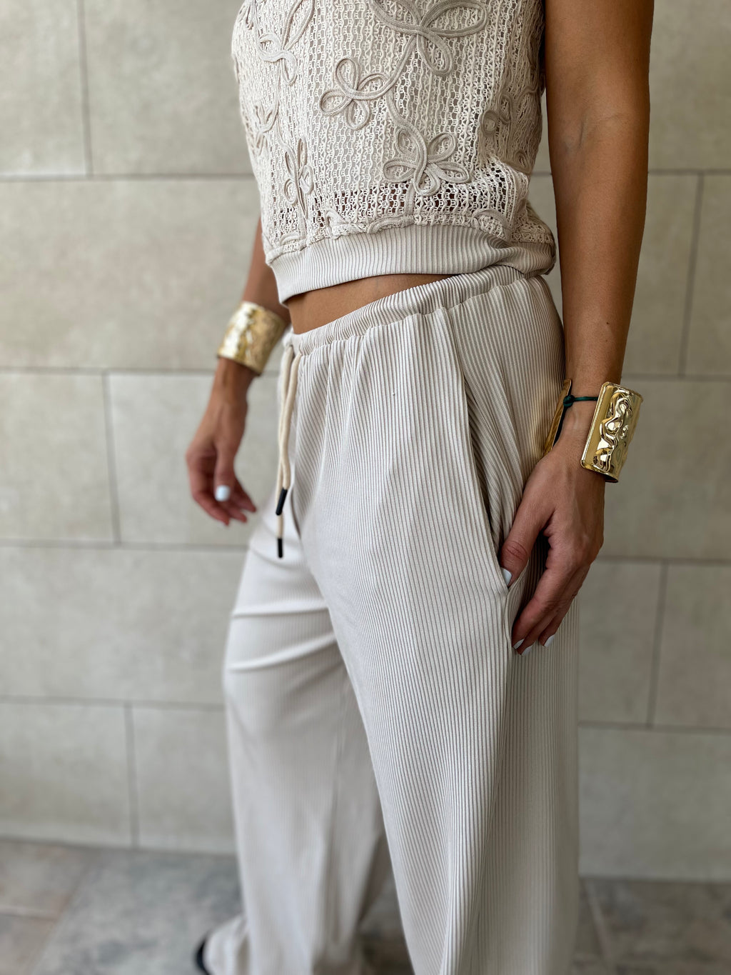 Beige Flowy Rope Pants
