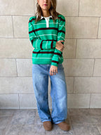 Green Striped Long Sleeve Knit Polo
