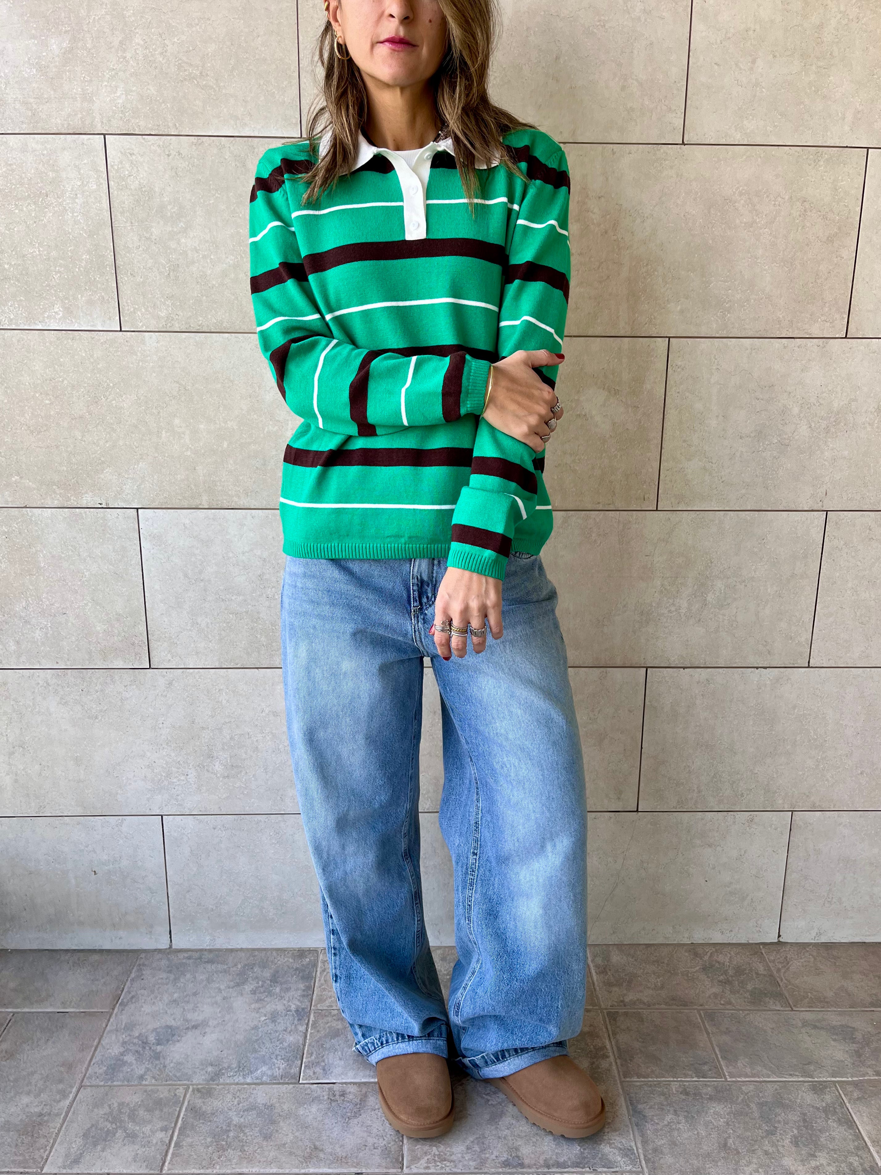 Green Striped Long Sleeve Polo