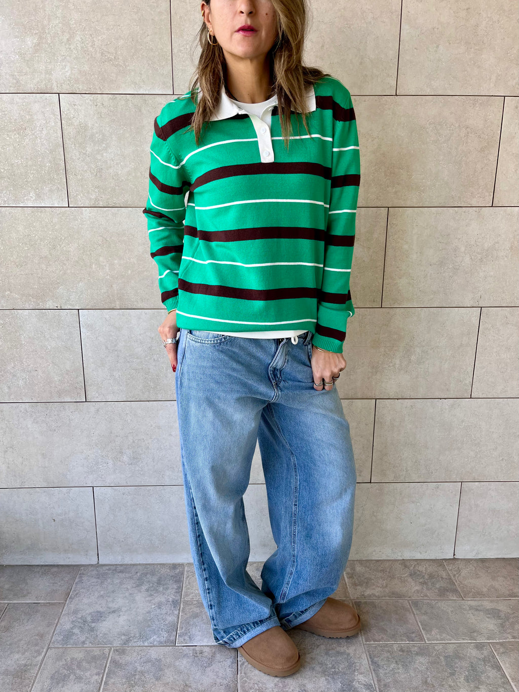 Green Striped Long Sleeve Polo