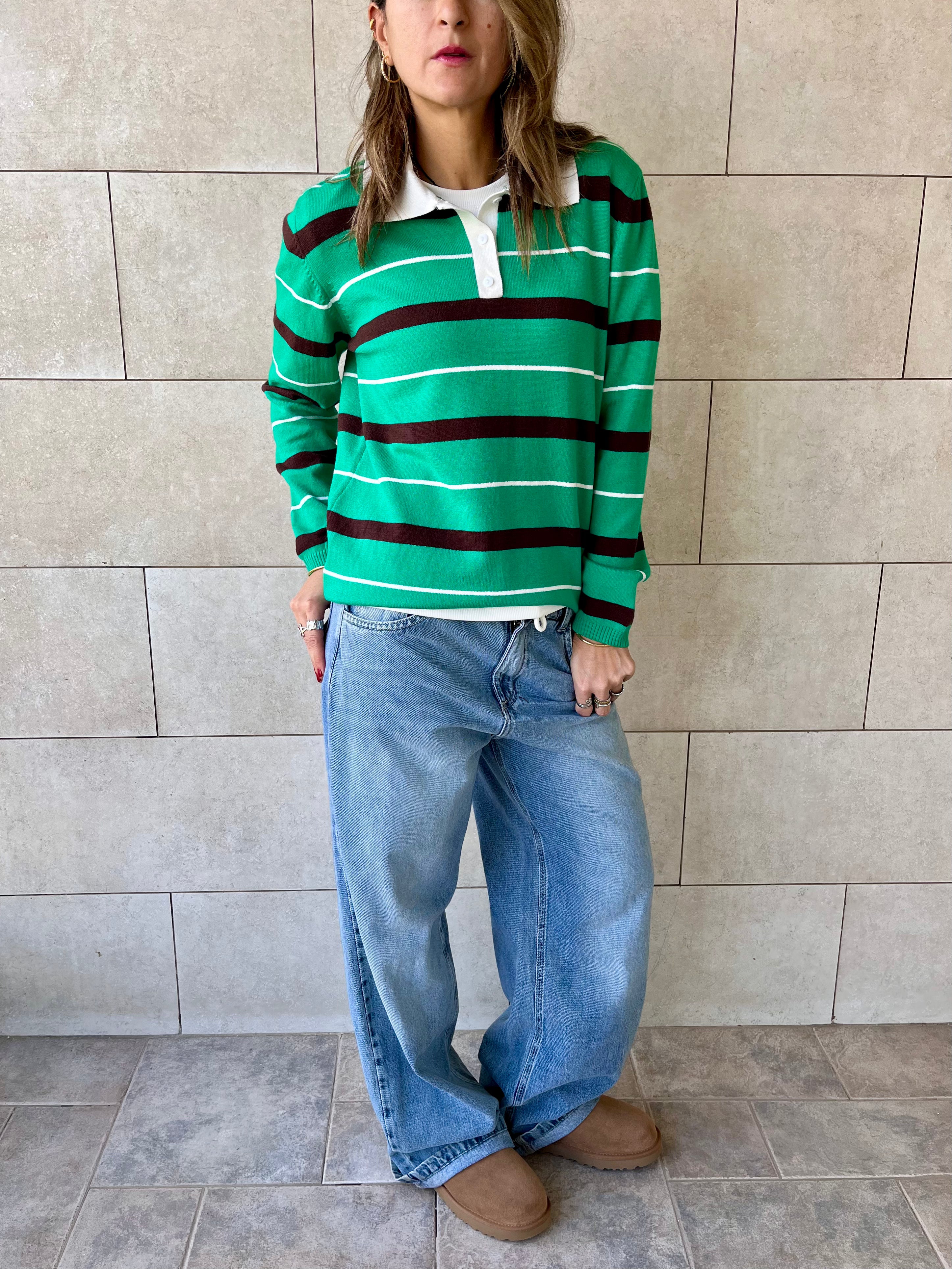 Green Striped Long Sleeve Polo