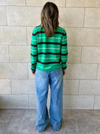 Green Striped Long Sleeve Knit Polo