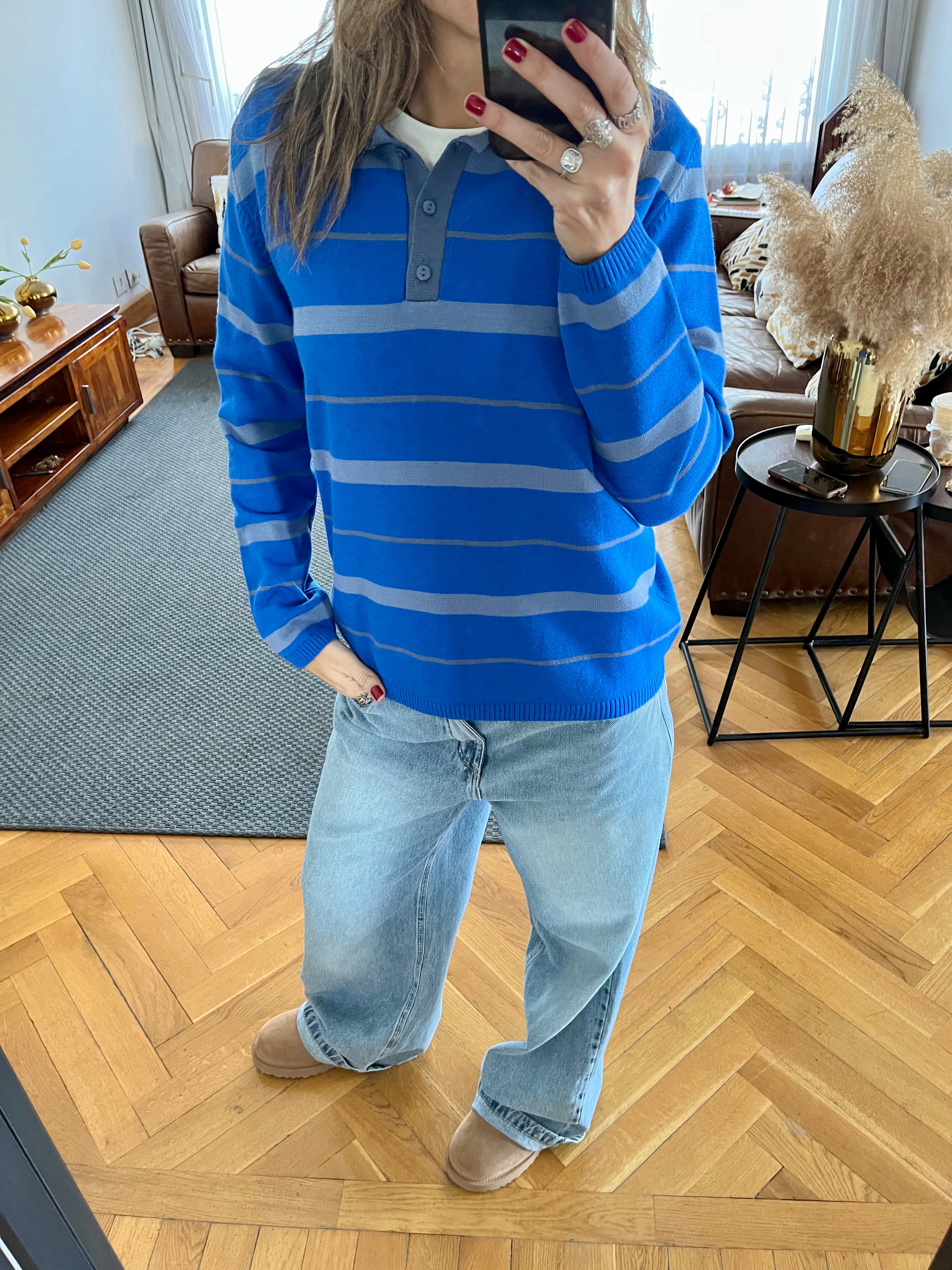 Blue Striped Long Sleeve Polo