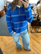 Blue Striped Long Sleeve Knit  Polo