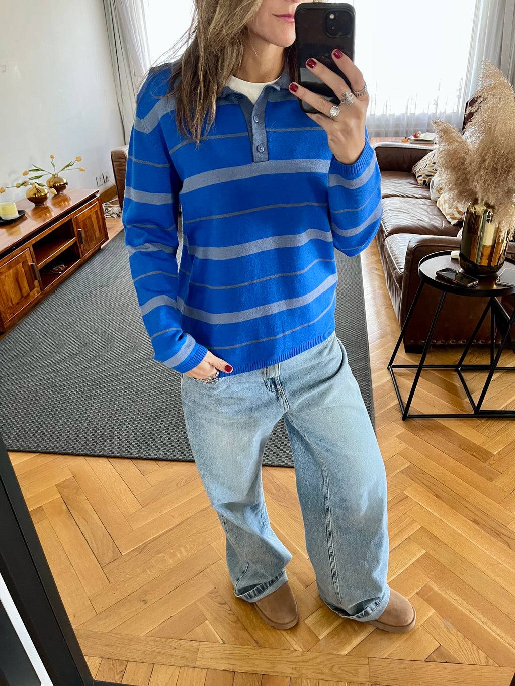 Blue Striped Long Sleeve Polo