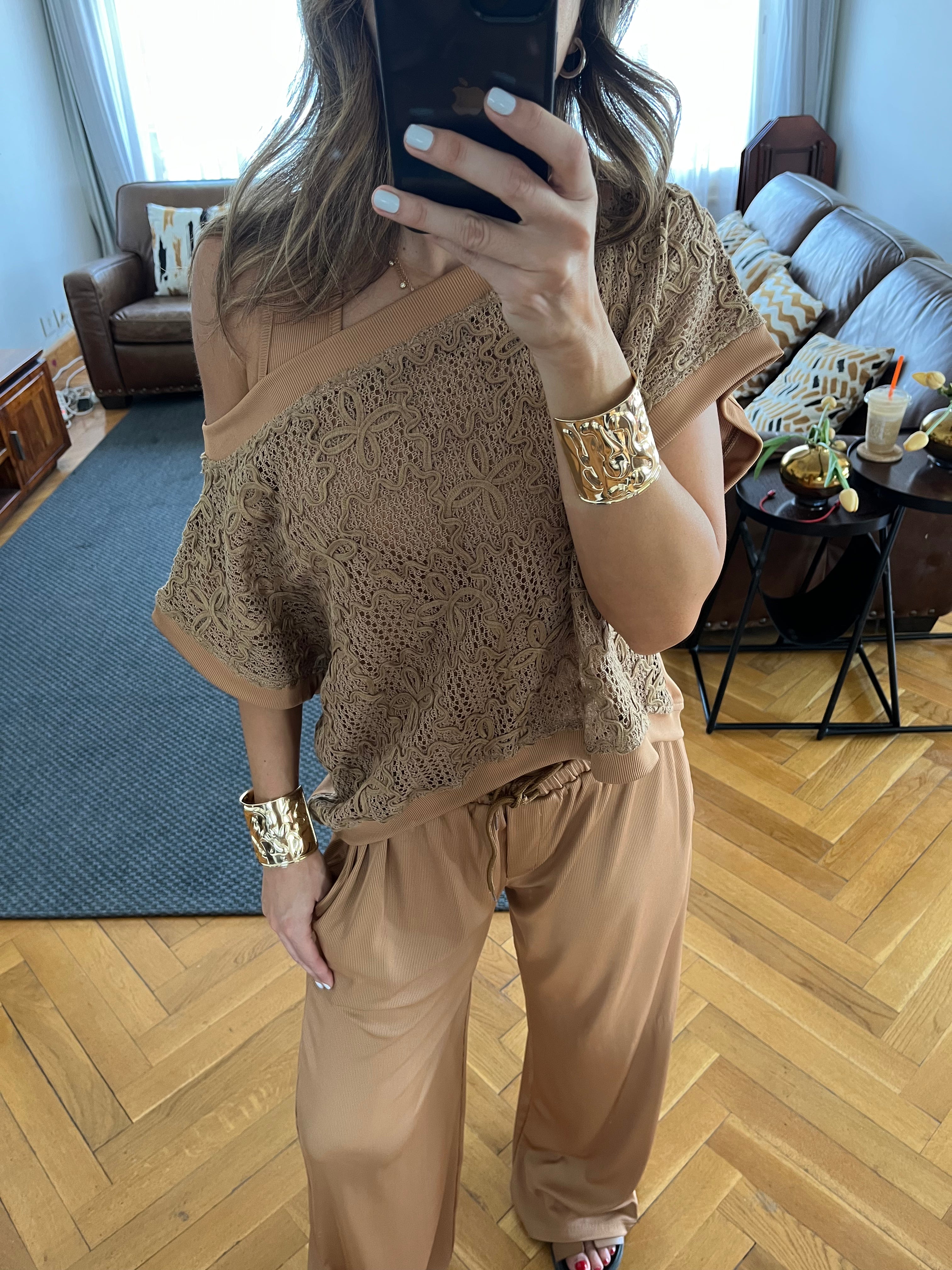 Brown Whisper Lace Asymmetrical Top