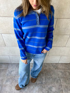 Blue Striped Long Sleeve Knit  Polo