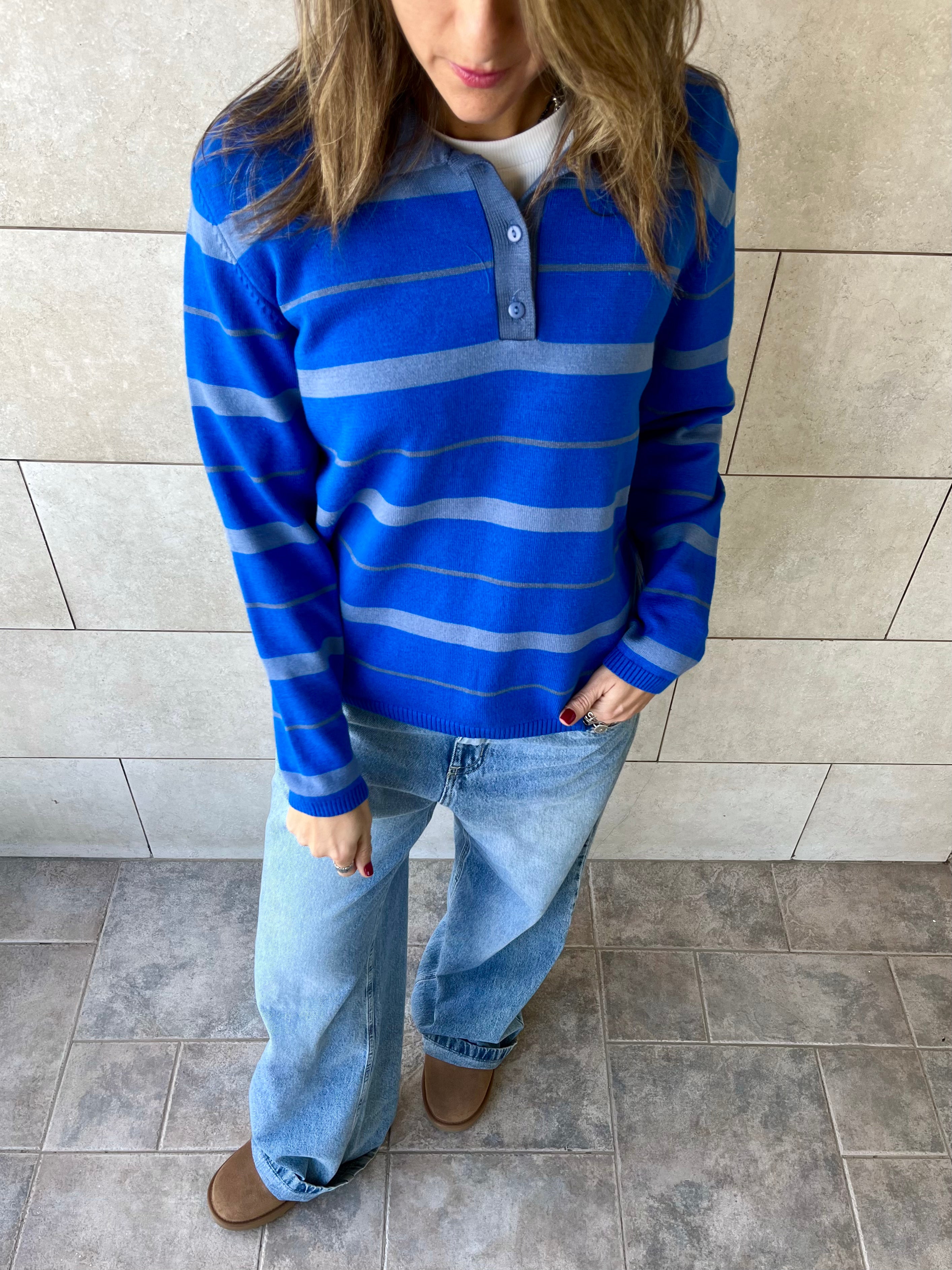 Blue Striped Long Sleeve Polo