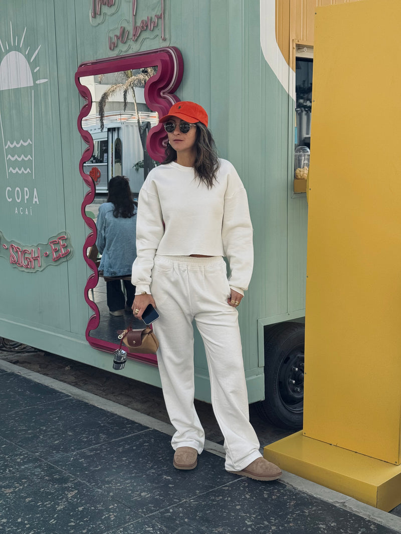 White Fleece Lined Cropped Sweatshirt