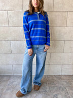 Blue Striped Long Sleeve Knit  Polo