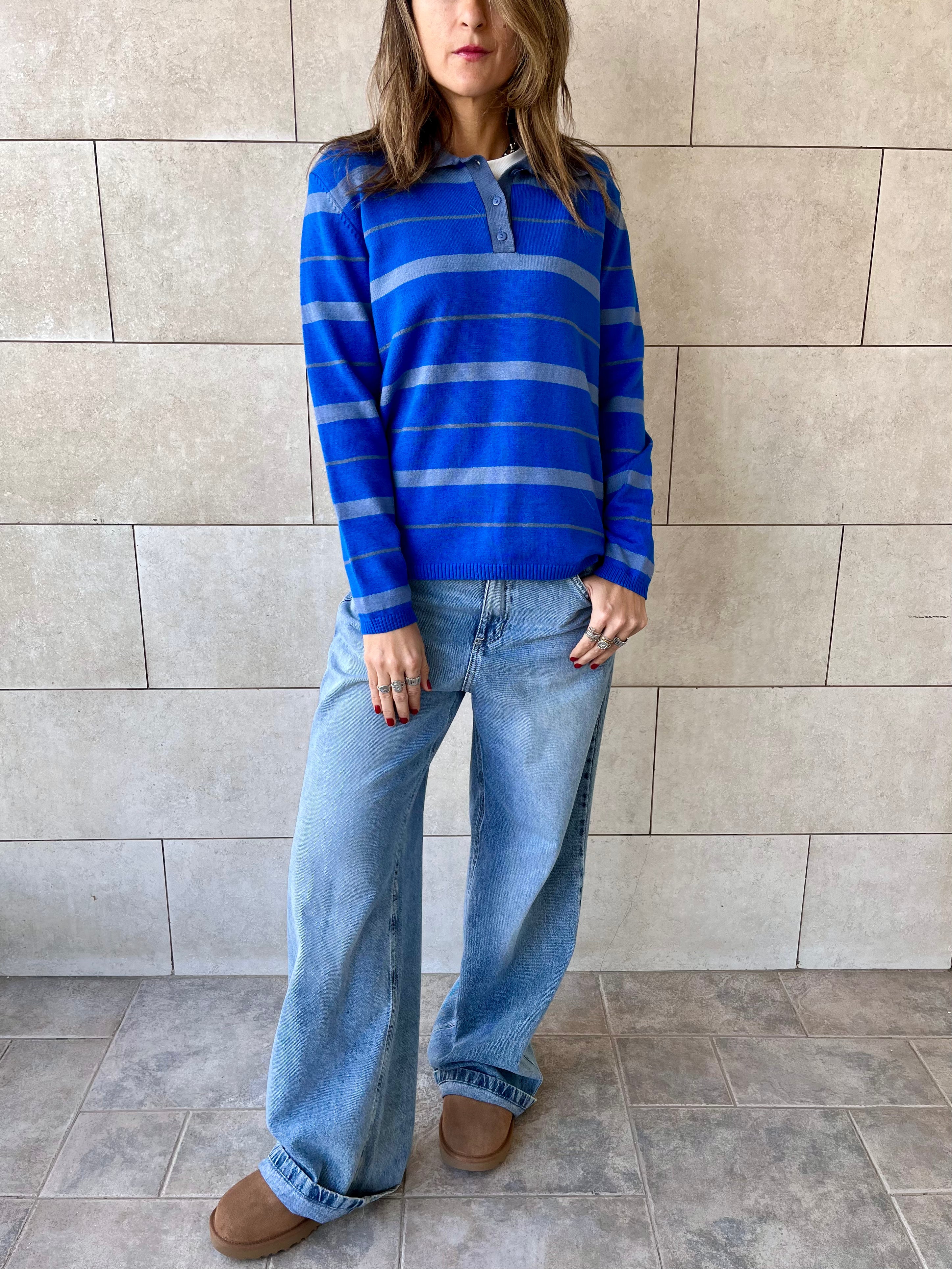 Blue Striped Long Sleeve Polo