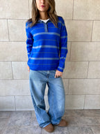 Blue Striped Long Sleeve Knit  Polo