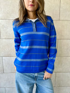 Blue Striped Long Sleeve Knit  Polo