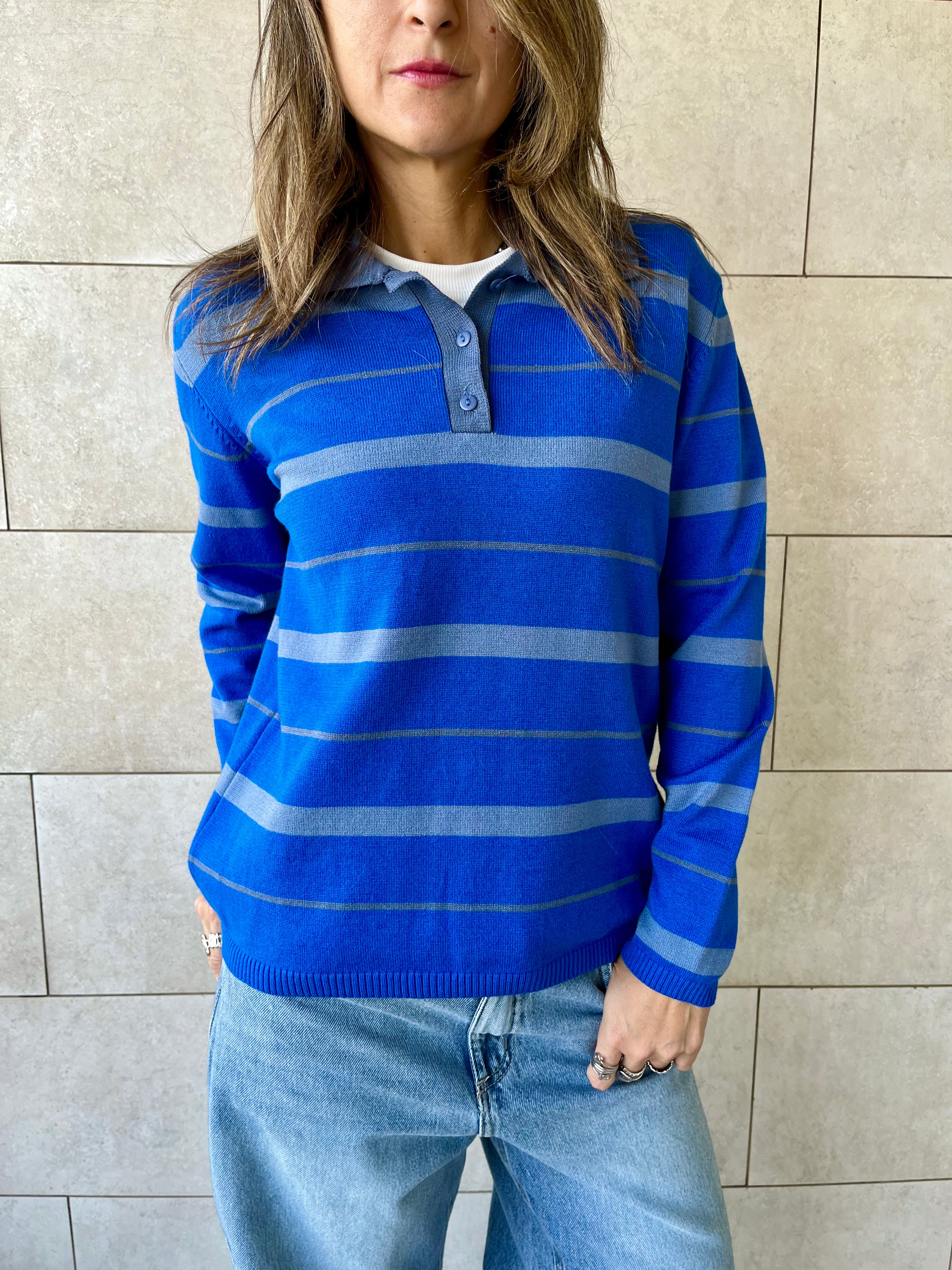 Blue Striped Long Sleeve Polo