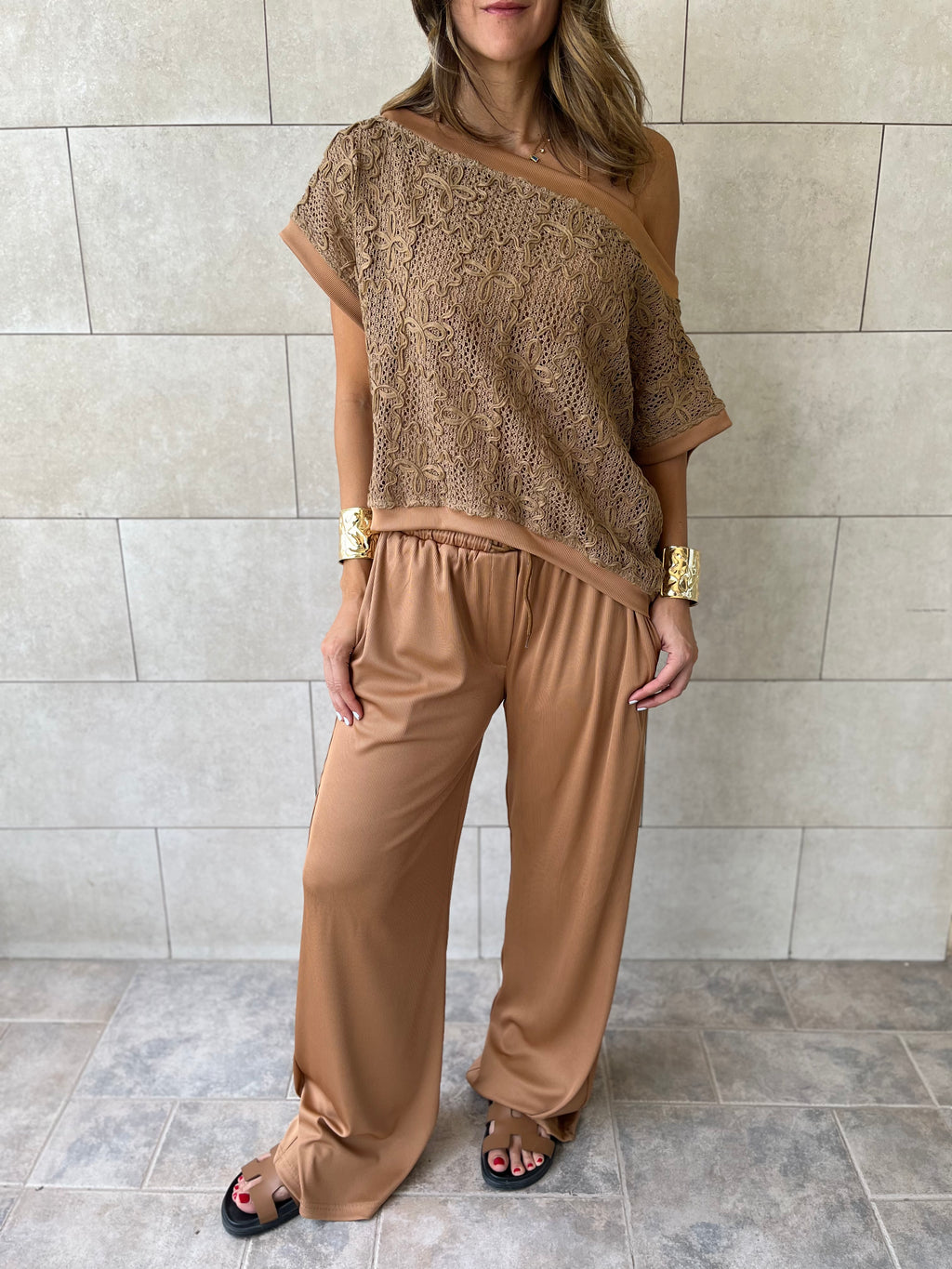 Brown Whisper Lace Asymmetrical Top