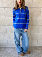 Blue Striped Long Sleeve Knit  Polo