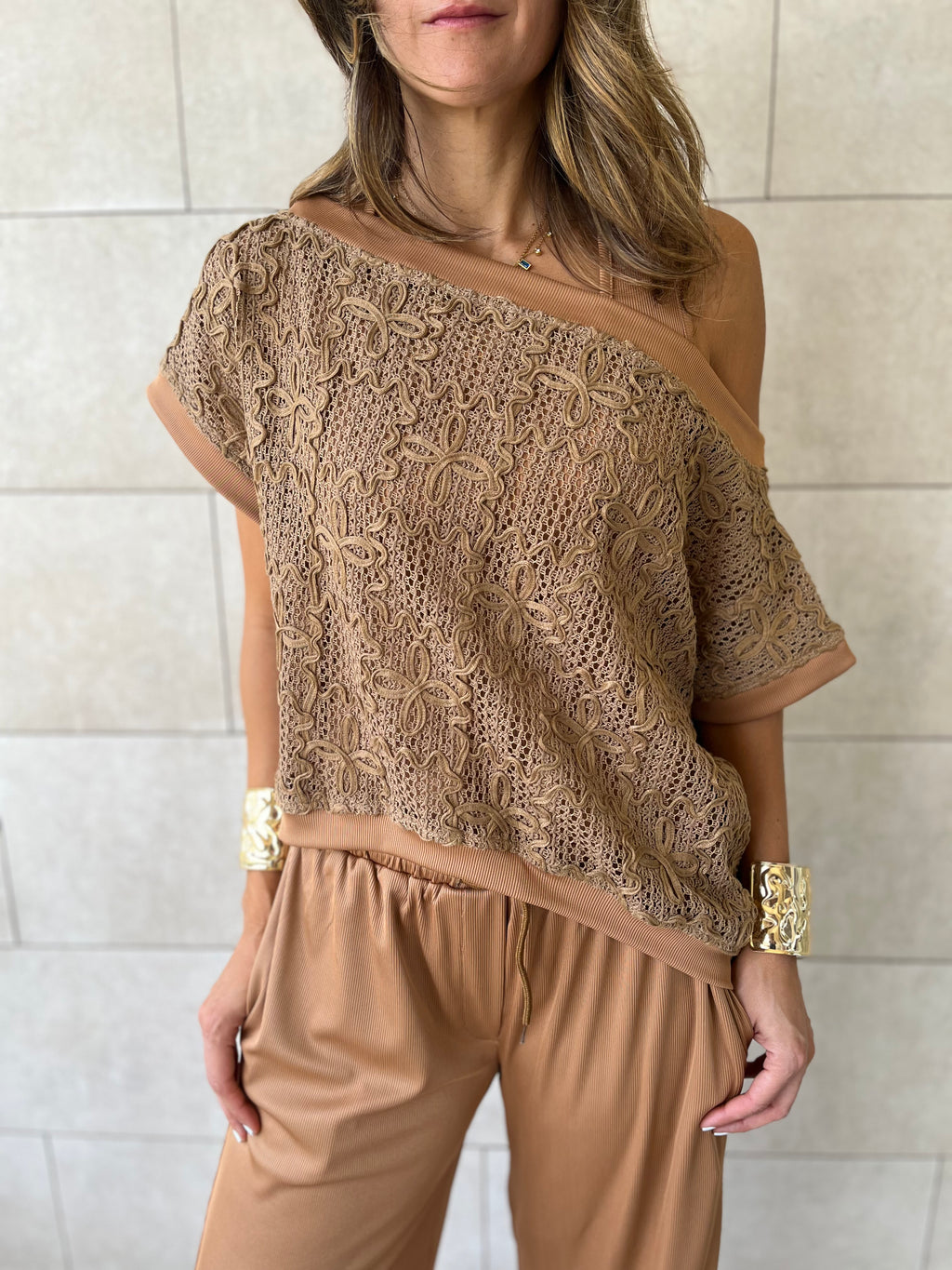 Brown Whisper Lace Asymmetrical Top