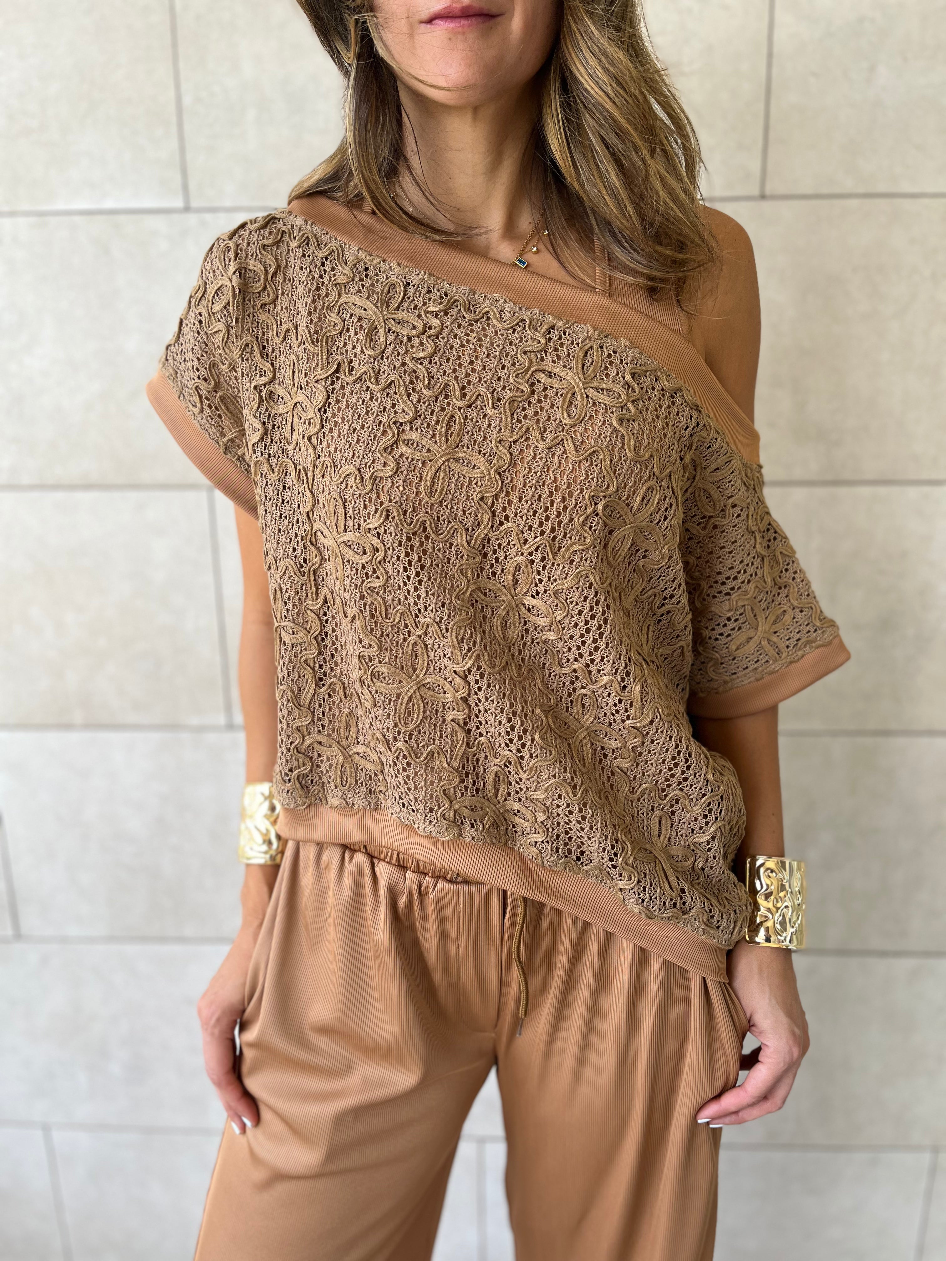 Brown Whisper Lace Asymmetrical Top
