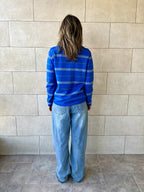 Blue Striped Long Sleeve Knit  Polo