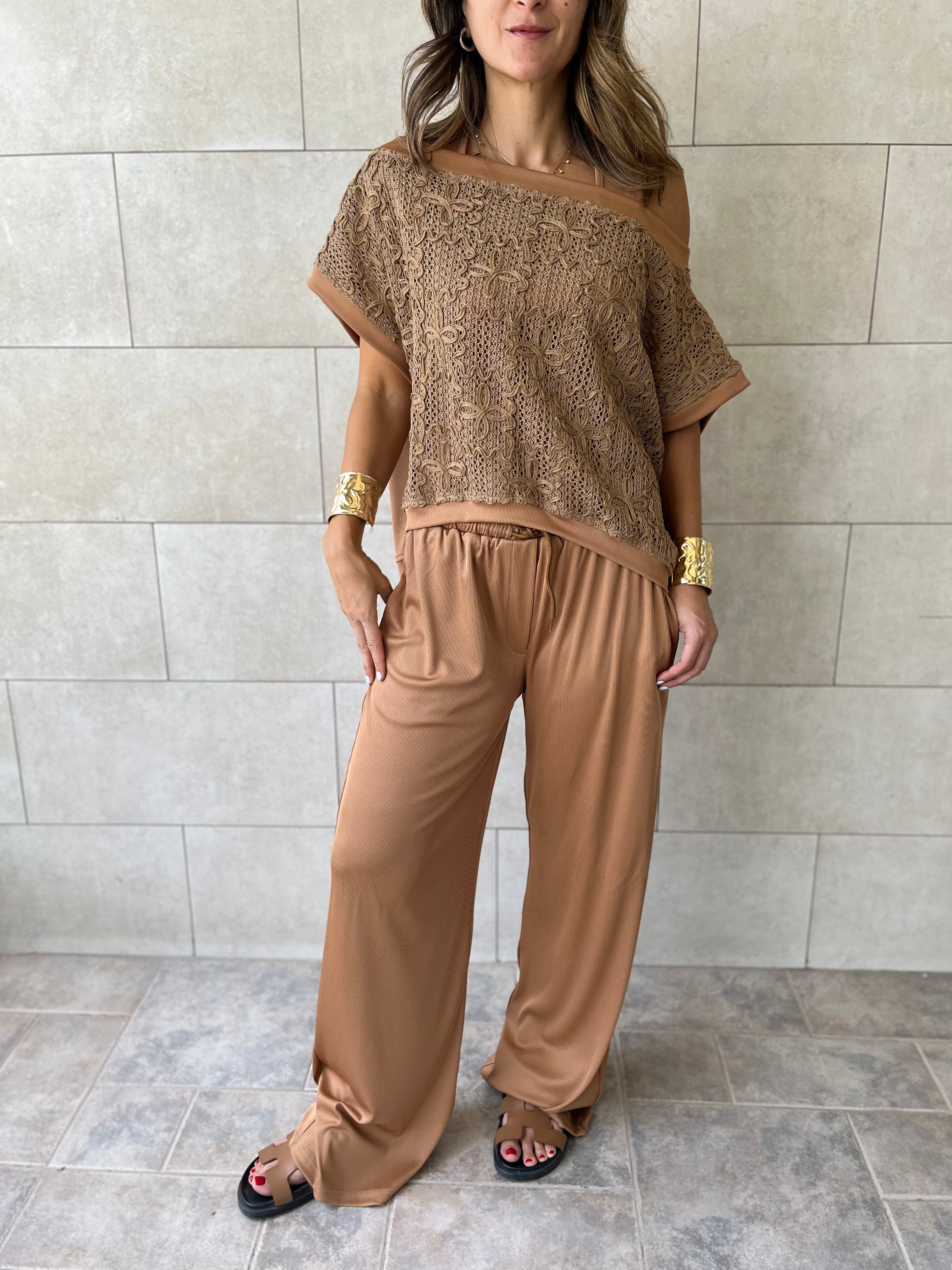 Brown Flowy Rope Pants