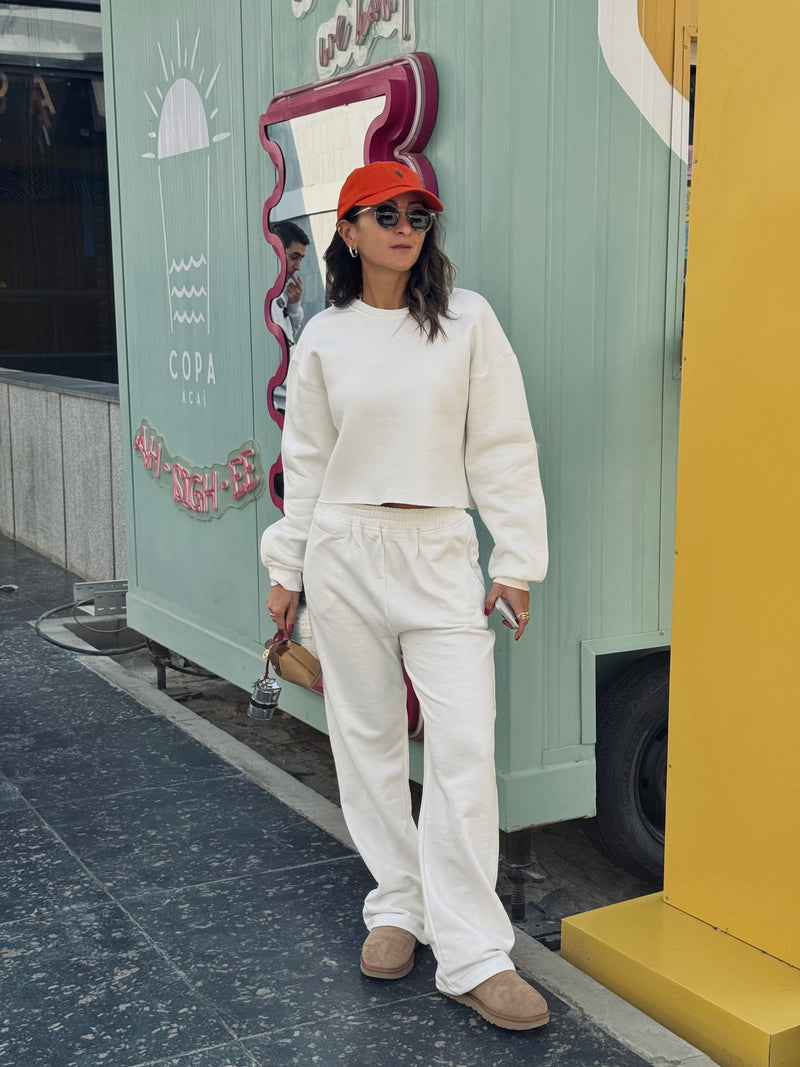 White Fleece Lined Cropped Sweatshirt