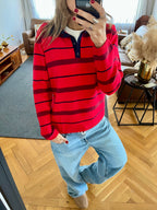 Red Striped Long Sleeve Knit Polo