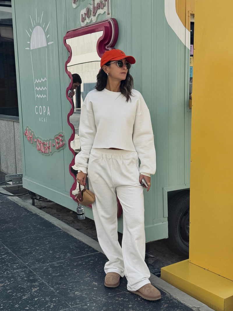 White Fleece Lined Cropped Sweatshirt
