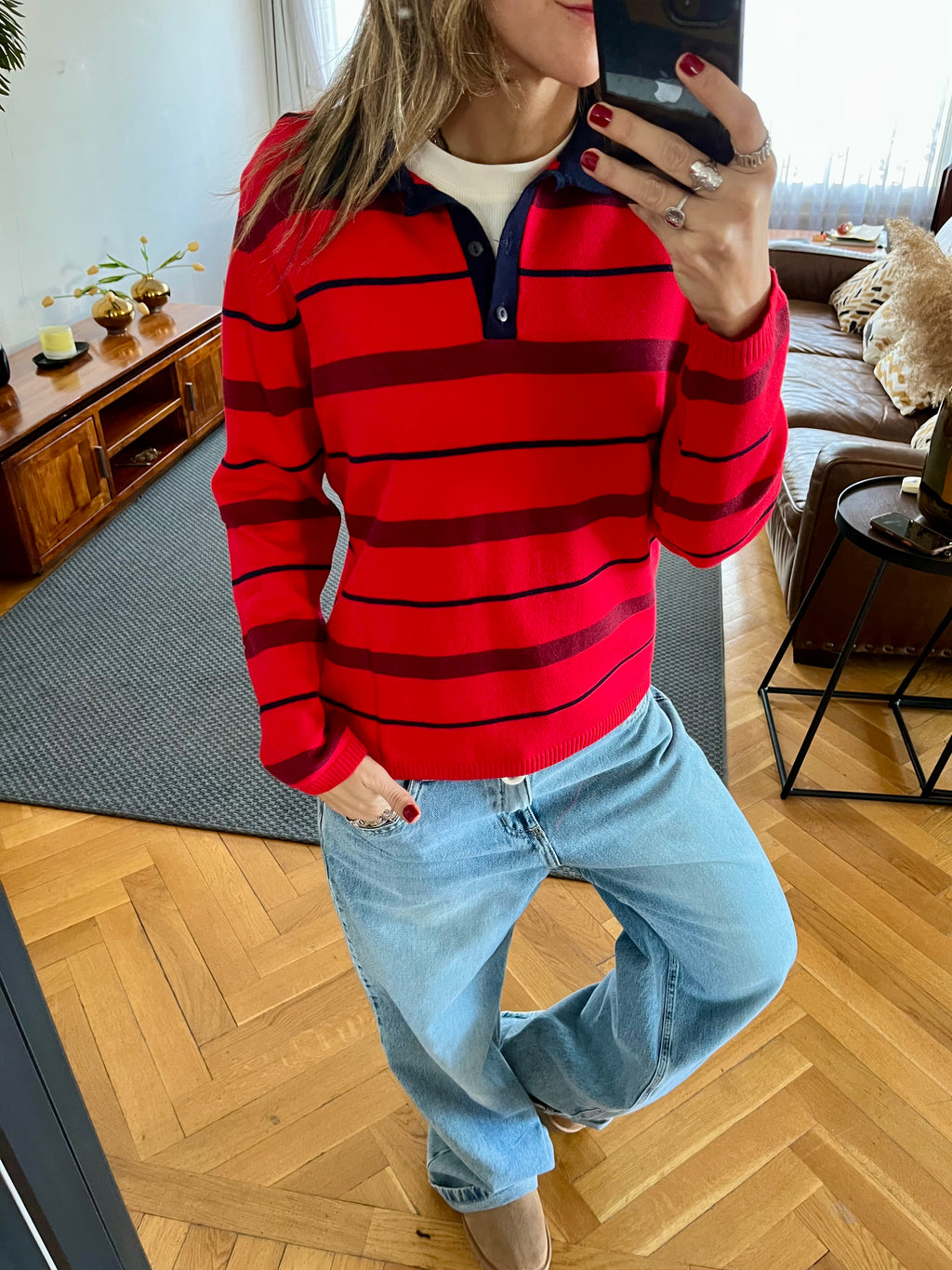 Red Striped Long Sleeve Polo