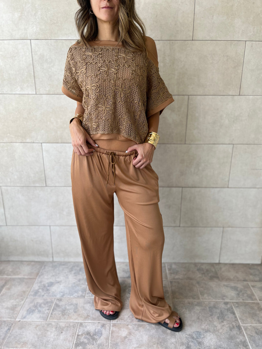 Brown Whisper Lace Asymmetrical Top