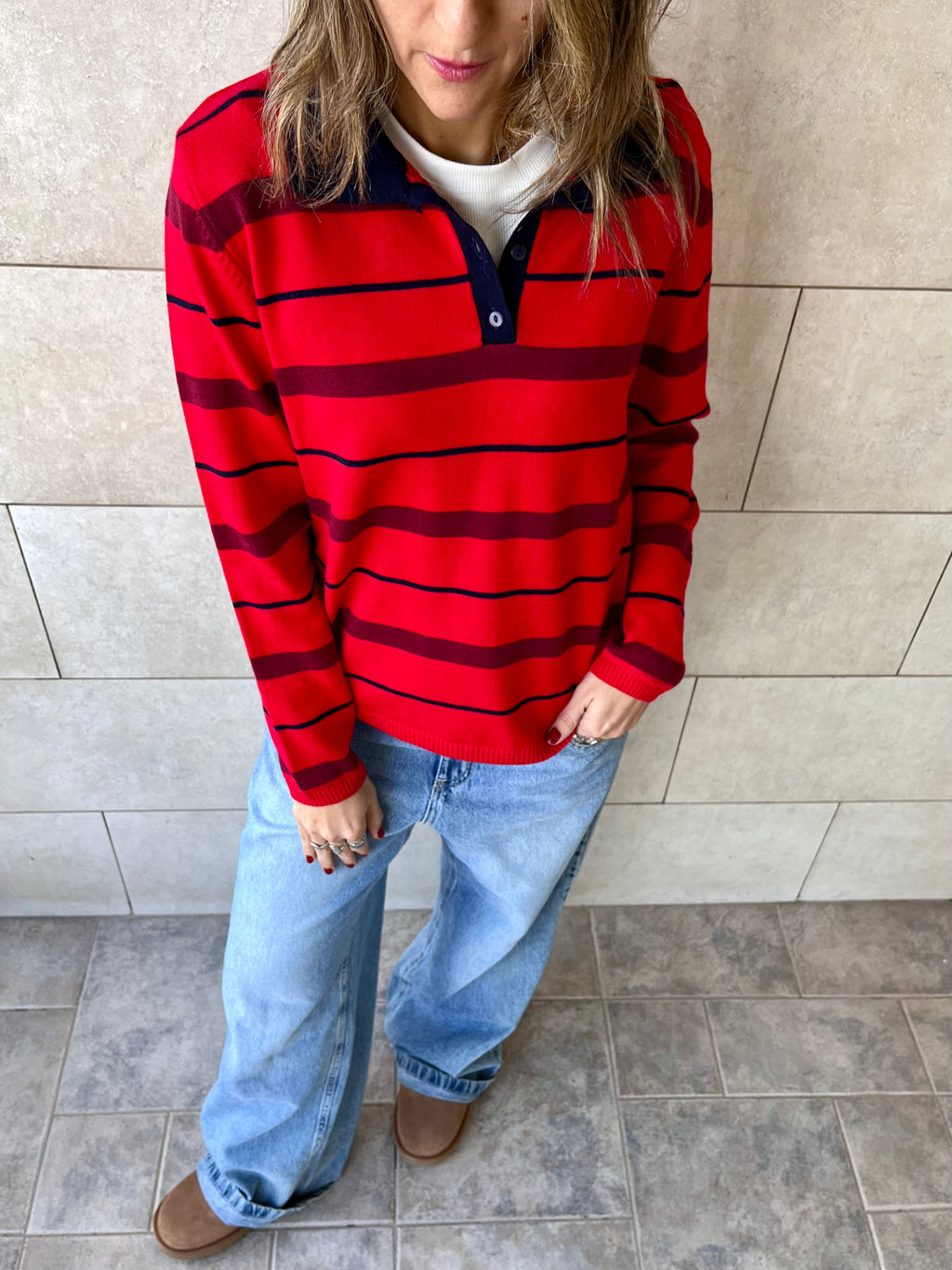 Red Striped Long Sleeve Polo