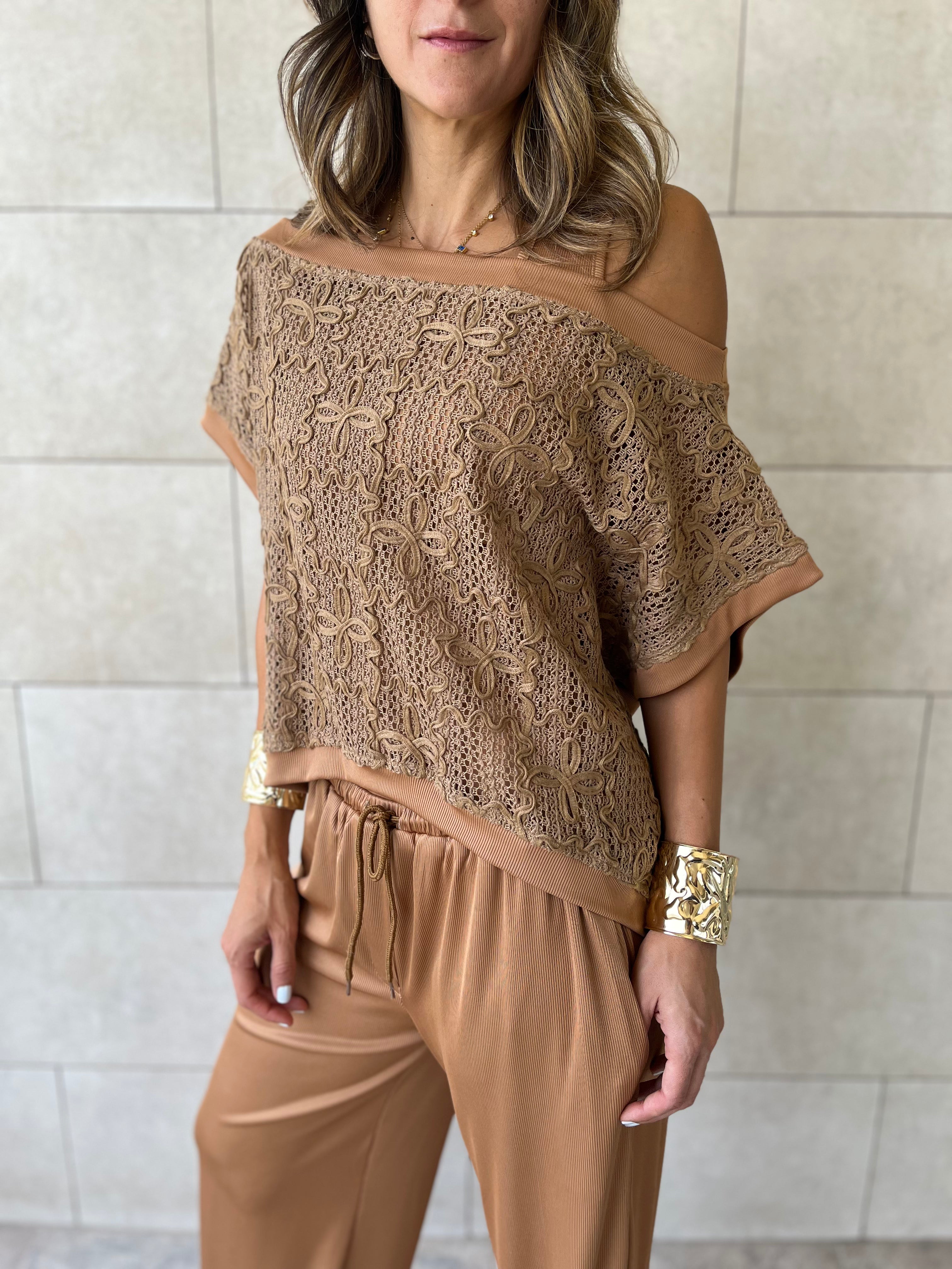 Brown Whisper Lace Asymmetrical Top
