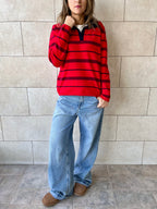 Red Striped Long Sleeve Knit Polo